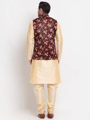 Men Beige Kurta with Churidar & Maroon Satin Printed Nehru Jacket 3