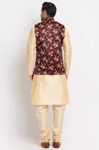 Men Beige Kurta with Churidar & Maroon Satin Printed Nehru Jacket