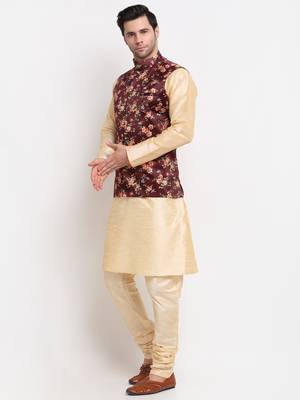 Men Beige Kurta with Churidar & Maroon Satin Printed Nehru Jacket 4