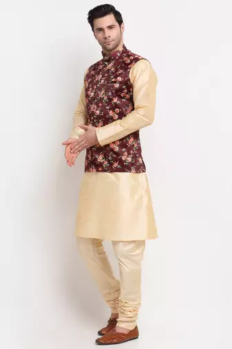 Men Beige Kurta with Churidar & Maroon Satin Printed Nehru Jacket