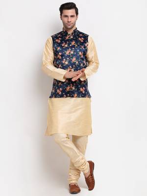 Men Beige Kurta with Churidar & Blue Satin Printed Nehru Jacket 1