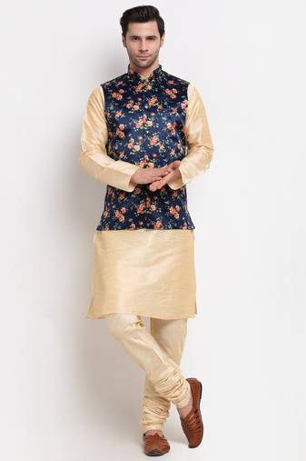 Men Beige Kurta with Churidar & Blue Satin Printed Nehru Jacket
