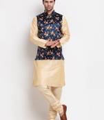 Men Beige Kurta with Churidar & Blue Satin Printed Nehru Jacket