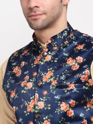 Men Beige Kurta with Churidar & Blue Satin Printed Nehru Jacket 2