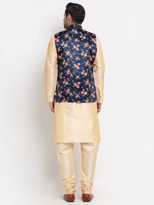 Men Beige Kurta with Churidar & Blue Satin Printed Nehru Jacket 3