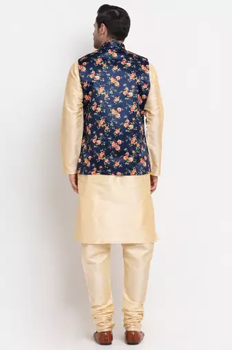 Men Beige Kurta with Churidar & Blue Satin Printed Nehru Jacket