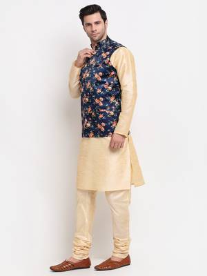Men Beige Kurta with Churidar & Blue Satin Printed Nehru Jacket 4