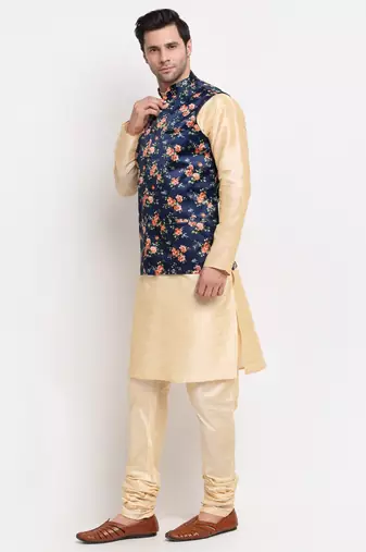 Men Beige Kurta with Churidar & Blue Satin Printed Nehru Jacket