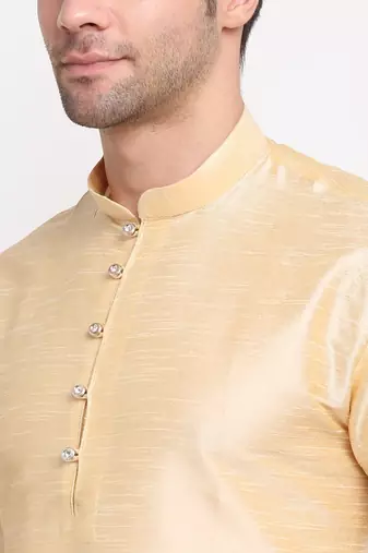 Men Beige Kurta with Churidar & Blue Satin Printed Nehru Jacket