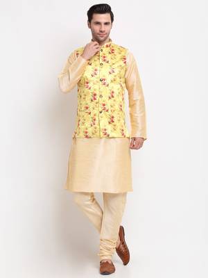 Men Beige Kurta with Churidar & Yellow Satin Printed Nehru Jacket 1