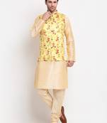 Men Beige Kurta with Churidar & Yellow Satin Printed Nehru Jacket