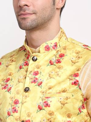 Men Beige Kurta with Churidar & Yellow Satin Printed Nehru Jacket 2