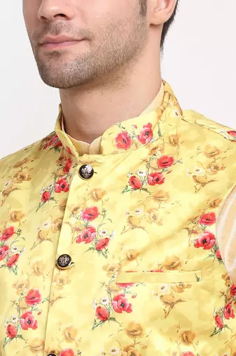 Men Beige Kurta with Churidar & Yellow Satin Printed Nehru Jacket