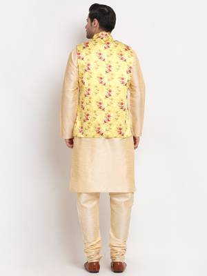 Men Beige Kurta with Churidar & Yellow Satin Printed Nehru Jacket 3