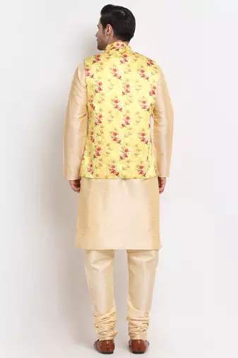 Men Beige Kurta with Churidar & Yellow Satin Printed Nehru Jacket