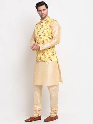 Men Beige Kurta with Churidar & Yellow Satin Printed Nehru Jacket 4