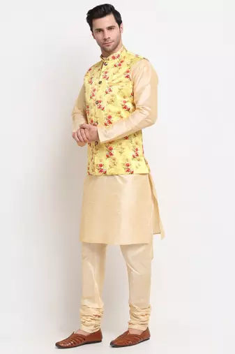 Men Beige Kurta with Churidar & Yellow Satin Printed Nehru Jacket