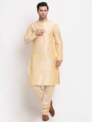 Men Beige Kurta with Churidar & Yellow Satin Printed Nehru Jacket 5