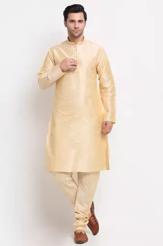 Men Beige Kurta with Churidar & Yellow Satin Printed Nehru Jacket