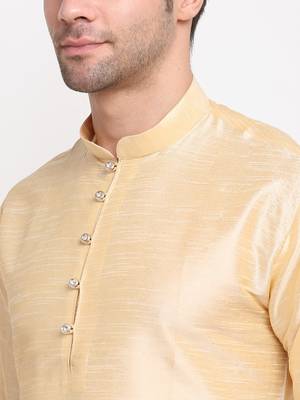 Men Beige Kurta with Churidar & Yellow Satin Printed Nehru Jacket 6