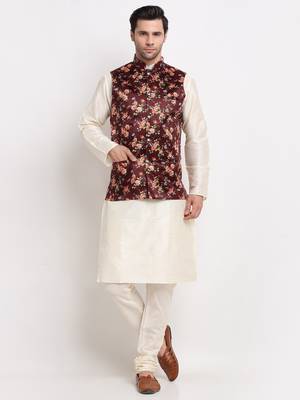 Men Cream Kurta with Churidar & Maroon Satin Printed Nehru Jacket 1
