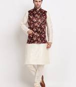 Men Cream Kurta with Churidar & Maroon Satin Printed Nehru Jacket