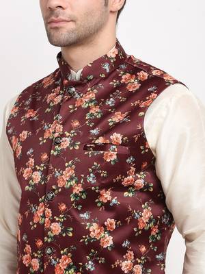 Men Cream Kurta with Churidar & Maroon Satin Printed Nehru Jacket 2