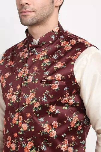 Men Cream Kurta with Churidar & Maroon Satin Printed Nehru Jacket