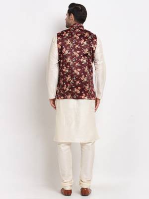 Men Cream Kurta with Churidar & Maroon Satin Printed Nehru Jacket 3