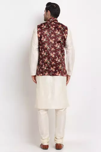 Men Cream Kurta with Churidar & Maroon Satin Printed Nehru Jacket