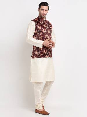 Men Cream Kurta with Churidar & Maroon Satin Printed Nehru Jacket 4