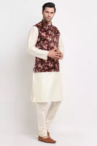 Men Cream Kurta with Churidar & Maroon Satin Printed Nehru Jacket