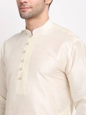Men Cream Kurta with Churidar & Maroon Satin Printed Nehru Jacket 6