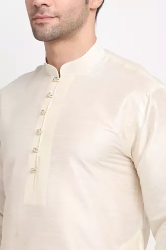 Men Cream Kurta with Churidar & Maroon Satin Printed Nehru Jacket