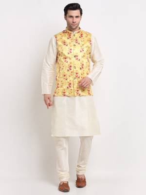 Men Cream Kurta with Churidar & Yellow Satin Printed Nehru Jacket 1