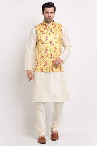 Men Cream Kurta with Churidar & Yellow Satin Printed Nehru Jacket