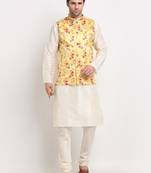 Men Cream Kurta with Churidar & Yellow Satin Printed Nehru Jacket