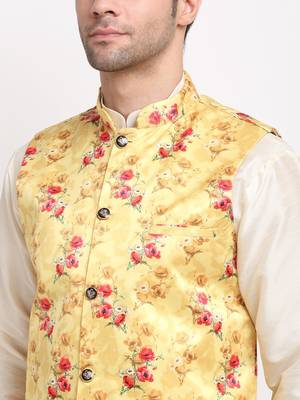Men Cream Kurta with Churidar & Yellow Satin Printed Nehru Jacket 2