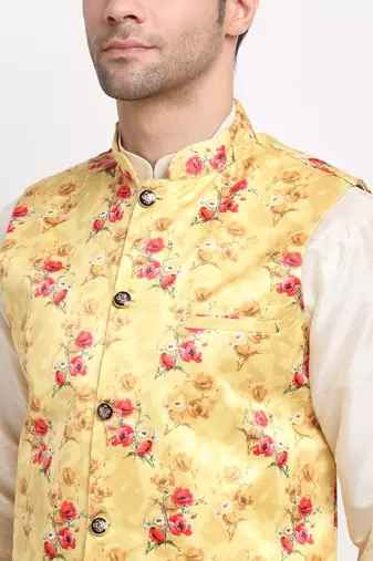Men Cream Kurta with Churidar & Yellow Satin Printed Nehru Jacket