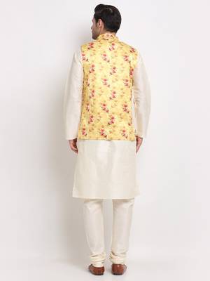 Men Cream Kurta with Churidar & Yellow Satin Printed Nehru Jacket 3