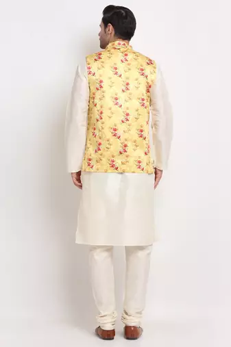 Men Cream Kurta with Churidar & Yellow Satin Printed Nehru Jacket