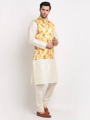 Men Cream Kurta with Churidar & Yellow Satin Printed Nehru Jacket 4