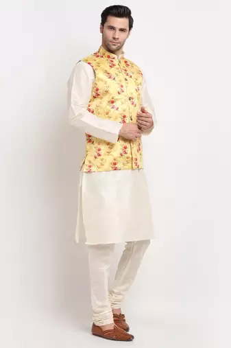 Men Cream Kurta with Churidar & Yellow Satin Printed Nehru Jacket