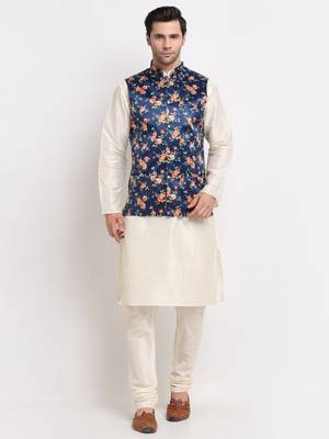 Men Cream Kurta with Churidar & Blue Satin Printed Nehru Jacket 1