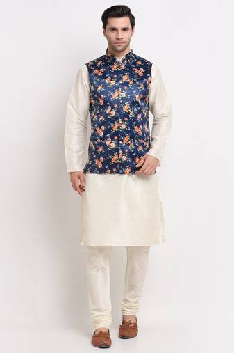 Men Cream Kurta with Churidar & Blue Satin Printed Nehru Jacket