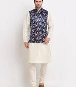 Men Cream Kurta with Churidar & Blue Satin Printed Nehru Jacket