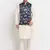 Men Cream Kurta with Churidar & Blue Satin Printed Nehru Jacket