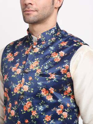 Men Cream Kurta with Churidar & Blue Satin Printed Nehru Jacket 2