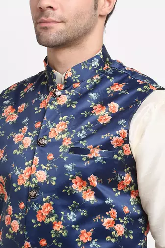 Men Cream Kurta with Churidar & Blue Satin Printed Nehru Jacket