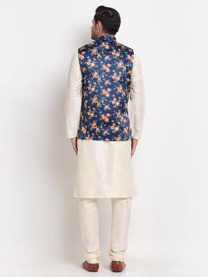 Men Cream Kurta with Churidar & Blue Satin Printed Nehru Jacket 3
